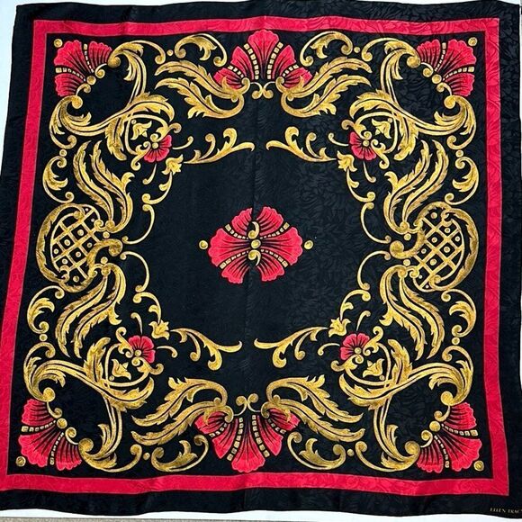 Vtg Linda Allard Ellen Tracy Silk Square Scarf Black Red Gold 35x35” Excellent - Picture 2 of 12